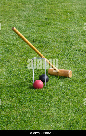 Krocket Mallet, Reifen und Bällen. Stockfoto