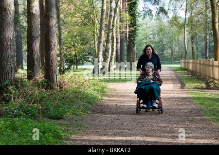 Behinderte Rollstuhlfahrer, die Landschaft - ein Weg durch den Sandringham Country Park in Norfolk, England Stockfoto