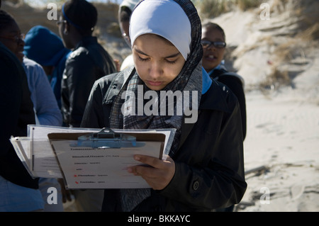 Studenten testen die Qualität des Wassers und der Gewässer für das marine Leben in Coney Island Creek in Brooklyn in New York suchen Stockfoto