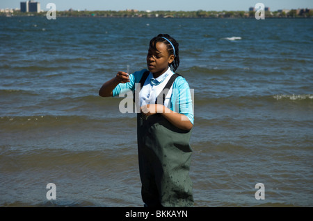 Studenten testen die Qualität des Wassers und der Gewässer für das marine Leben in Coney Island Creek in Brooklyn in New York suchen Stockfoto