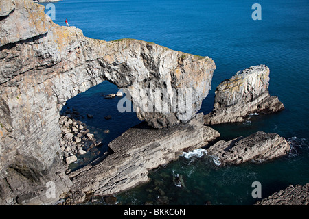 Walker auf Klippe an der grünen Brücke Pembrokeshire Wales UK Stockfoto