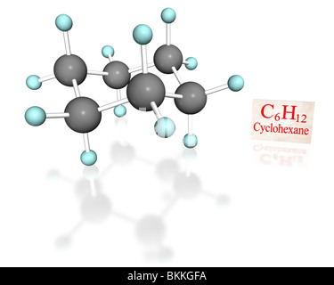 Molekulare 3D-Modell von Cyclohexan in Stuhl Konformation mit Beschriftung auf weißem Hintergrund Stockfoto