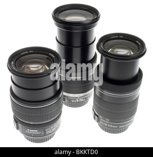 DSLR Wechselobjektiv - drei Canon beliebte Zoom-Objektive - 15-85mm, 18-135mm und 18-200mm Bild stabilisiert EF-S Stockfoto