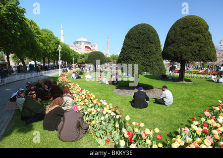 Türkei, Istanbul, Sultanahmet, Park im Frühling mit Aya Sofya Stockfoto