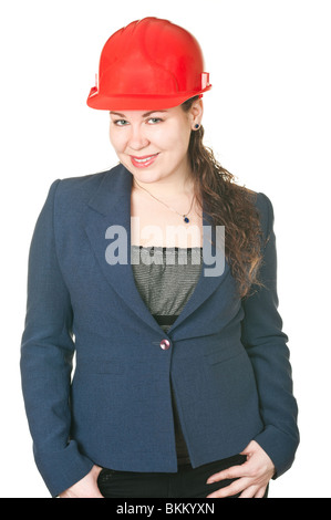 Die schöne Frau Architekt in roten Helm. Isoliert auf weißem Hintergrund Stockfoto