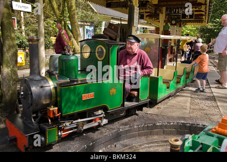 Miniatur / Modell schmale Spurweite Lokomotive Eisenbahn Dampfzug und Fahrer am Brookside Gartencenter, Poynton. Cheshire. VEREINIGTES KÖNIGREICH. Stockfoto