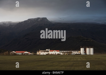 Farm, die geschlagen wurde durch Vulkanasche aus dem Vulkanausbruch im Eyjafjallajökull-Gletscher, Südisland. Stockfoto