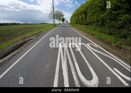 Schmale Landstraße mit Slow-Schild, Straßenbeschilderungen und Vorsichtsmaßnahmen auf Landstraße und Fahrspur im Frühsommer Stockfoto