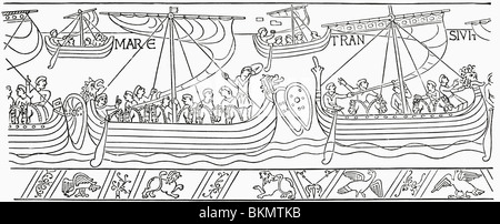 William der Eroberer Segeln für England in 1066.  Aus dem Teppich von Bayeux. Stockfoto