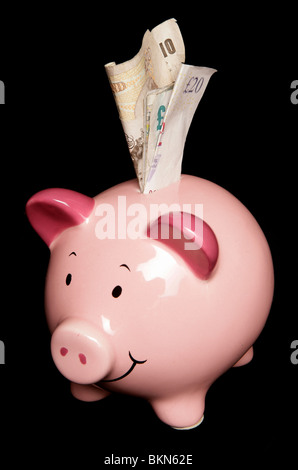 Sparschwein mit Sterling Geld Noten in einem studio Stockfoto