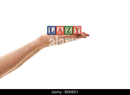 Frau mit Kinder blockiert den Zauberspruch "LAZY" Stockfoto