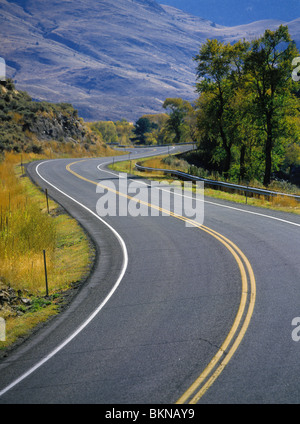 Kurvenreiche Straße, U.S. Highway 89, Kurven durch Yankee Jim Canyon im Herbst, Park County, Montana, USA. Stockfoto