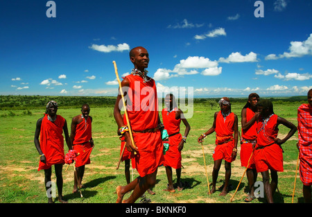 Masai Krieger tanzen traditioneller Tanz. Afrika. Kenia. Masai Mara. Nur zur redaktionellen Verwendung Stockfoto