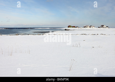Ein paar Hausboote/Federbett in der Nähe von Ramberg auf Flakstadøy, einer von den Lofoten in Norwegen Stockfoto