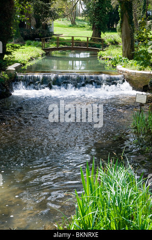 Der Fluss Glyme in Glympton, Oxfordshire, mit Steg und kleinen Wasserfall / Wehr, Frühlingssonne, Stockfoto