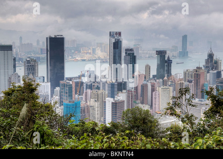 Hohe Gebäude in Hong Kong Island City Zentrum mit dem Hafen im Hintergrund (wie von der Spitze zu sehen) Stockfoto