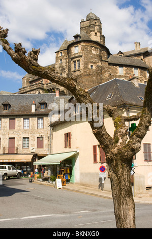Die mittelalterlichen quadratischen Dungeon und die Burg im alten Dorf von Estaing Aveyron Zentralmassiv Midi-Pyrenäen Frankreich Stockfoto