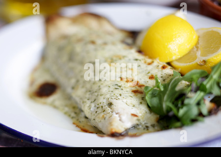 Authentische frisch zubereitet Wolfsbarschfilet in Kerbel Sauce serviert auf einem Teller mit Keine Personen Stockfoto