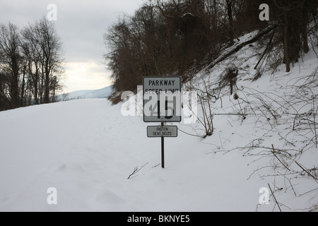 Schneefall auf der Blue Ridge Parkway in Afton, VA. Stockfoto
