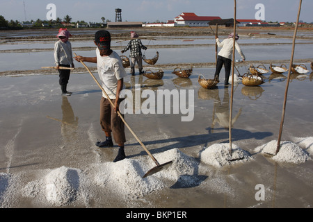 Männer und Frauen arbeiten in der glühend heißen Salz Farmen von Kampot, Kambodscha. Stockfoto