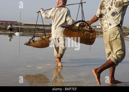 Männer und Frauen arbeiten in der glühend heißen Salz Farmen von Kampot, Kambodscha. Stockfoto