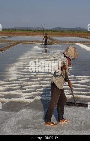 Männer und Frauen arbeiten in der glühend heißen Salz Farmen von Kampot, Kambodscha. Stockfoto