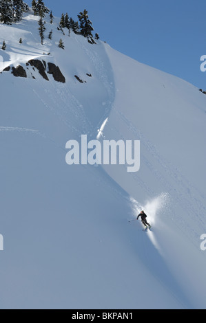 Ein Skifahrer in einem Pool von Sonnenlicht Skifahren abseits der Piste Pulverschnee in den Mount Baker Backcountry Whatcom County Washington State USA Stockfoto