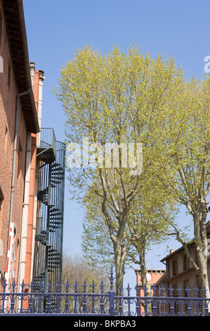 Ewige Schmiedeeisen Spirale Feuerleiter mit Sicherheit Geländer befestigt an einem Gebäude in Toulouse Haute-Garonne Midi-Pyrénées Stockfoto