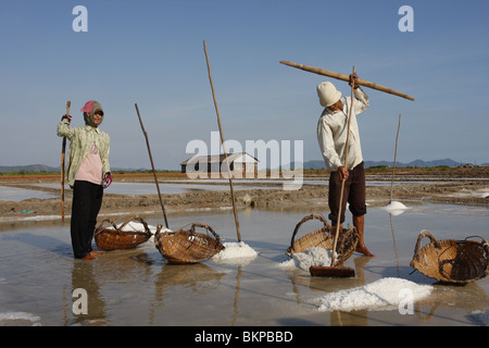 Männer und Frauen arbeiten in der glühend heißen Salz Farmen von Kampot, Kambodscha. Stockfoto