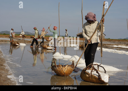 Männer und Frauen arbeiten in der glühend heißen Salz Farmen von Kampot, Kambodscha. Stockfoto