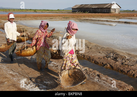 Männer und Frauen arbeiten in der glühend heißen Salz Farmen von Kampot, Kambodscha. Stockfoto