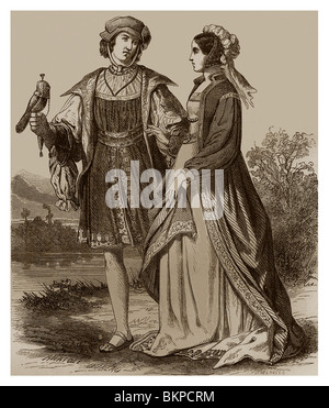 Kostüme vom Ende des 15. Jahrhunderts in Frankreich. Stockfoto