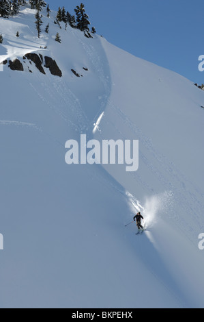 Ein Skifahrer in einem Pool von Sonnenlicht Skifahren abseits der Piste Pulverschnee in den Mount Baker Backcountry Whatcom County Washington State USA Stockfoto