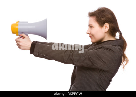 Voll isolierte Studio Bild aus einer Business-Frau mit Megaphon Stockfoto