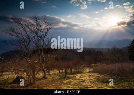 Ansicht des Nantahala National Forest von Cowhee Aussichtspunkt auf den Blue Ridge Parkway.  Dieser Punkt auf der Blue Ridge Parkway ist nur etwas östlich der höchste Punkt auf dem Parkway (6200 ft.) an der Richland Balsam. Stockfoto