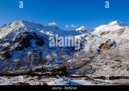 Wales, Gwynedd, Snowdonia. Blick auf den Snowdon Horseshoe im Winter aus dem Osten. Stockfoto