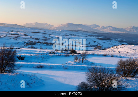 Wales, Conwy Snowdonia. Blick über die verschneite Landschaft des Snowdonia im winter Stockfoto