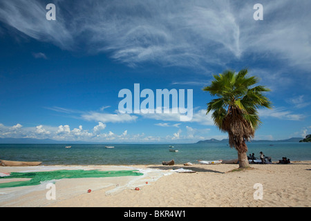 Malawi, Monkey Bay. Fischernetze trocknen in der Sonne am Strand des Lake Malawi. Stockfoto