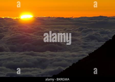 Die Sonne steigt über den Wolken, die den Pazifischen Ozean, vom Gipfel des Haleakala Vulkan, Maui, Hawaii zu verbergen Stockfoto