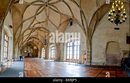 Vladislav-Halle Prager Burg Prag Tschechische Republik | PRAG, Tschechische Republik — Ein weiter Blick hinunter zum Vladislav-Saal auf der Prager Burg zeigt die von Benedikt Ried entworfenen kurvilinearen Rippengewölbe, die 1502 als größte weltliche Gewölbehalle Mitteleuropas fertiggestellt wurden. Die Renaissance-Fenster des Saals, die zu den frühesten ihrer Art in Böhmen gehören, markieren eine Abkehr von der reinen gotischen Form. Seit Jahrhunderten veranstalten sie Krönungen, Turniere und Präsidentschaftseinweihungen. Stockfoto
