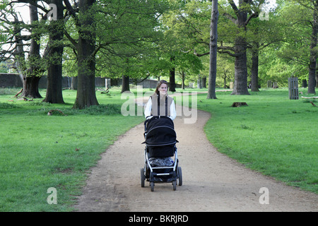 Junge Mutter, zu Fuß und schob einen Kinderwagen in Richmond Park in Kingston upon Thames in der Nähe von London Stockfoto