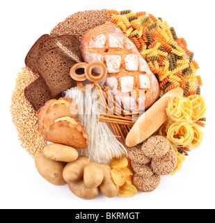 Brot und Backwaren-Produkte in Form eines Kreises. Isoliert auf weißem Hintergrund. Stockfoto