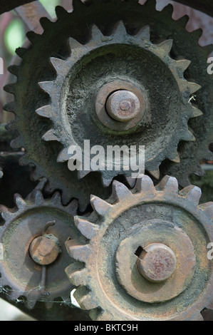 Antike Zahnräder und Getriebe liegen die Elemente auf ein antikes Stück von landwirtschaftlichen Maschinen ausgesetzt. Stockfoto