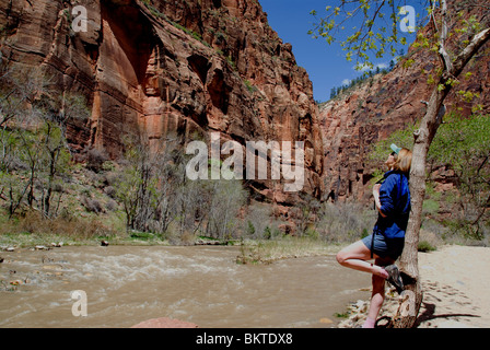 Weibliche Wanderer Wanderer am Riverside Walk entlang Virgin River Zion Canyon Zion National Park Utah USA Kim Paumier Herr Stockfoto