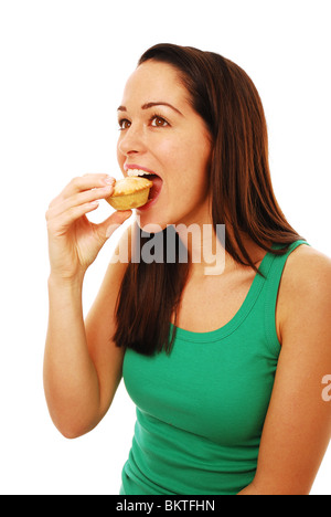 Frau Kuchen essen Stockfoto