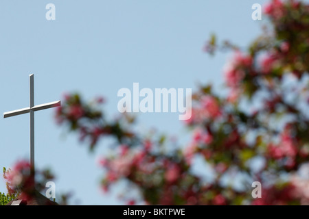 Nahaufnahme des Kirchenkreuzes auf blauem Himmel mit rosa Blüten verschwommener Unschärfe Hintergrund Niemand Niemand Niemand Niemand niedriger Winkel von unten in Ohio USA vertikale Hi-res Stockfoto