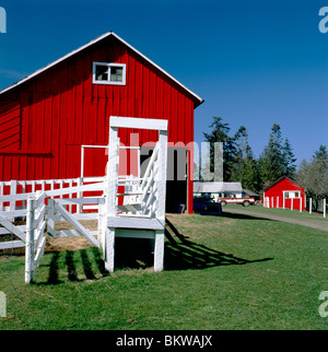Rote Scheune an einem klaren sonnigen Tag auf der Charles W. Wilson Ranch nahe Sequim, Washington; Olympische Halbinsel, Vereinigte Staaten Stockfoto