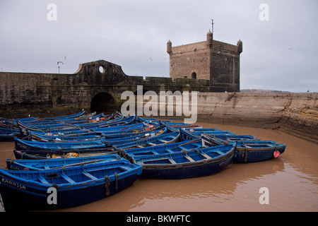 Kobaltblau Angelboote/Fischerboote vertäut in schlammigen Gewässern sind durch die Skala du Porte und steinerne Festung von Essaouira geschützt. Stockfoto