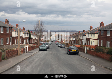 Rat Wohnsiedlung mit Blick auf Dee Estuary im Feuerstein, North Wales auf Wirral in der Entfernung Stockfoto