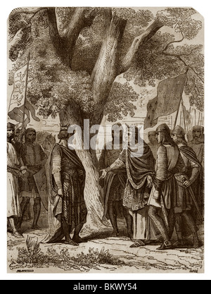 Im Juni 1180 trafen König Henry II von England und Philip Augustus unter Elm von Gisors, wo sie die Gisors unterzeichnet. Stockfoto